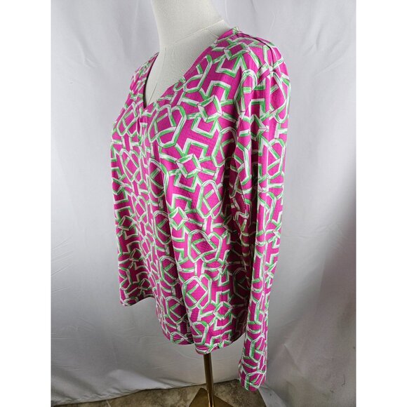 Icikuls Top Sz XL Knit Pink & Green Geometric Print Long Mesh Sleeve SPF 50 - Picture 3 of 9